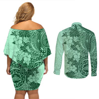 Polynesia Couples Matching Off Shoulder Short Dress and Long Sleeve Button Shirt Hibiscus and Hawaiian Tribal Tattoo Retro Style Green Color LT9 - Polynesian Pride