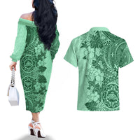 Polynesia Couples Matching Off The Shoulder Long Sleeve Dress and Hawaiian Shirt Hibiscus and Hawaiian Tribal Tattoo Retro Style Green Color LT9 - Polynesian Pride