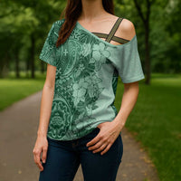 Polynesia Cross Shoulder Shirt Hibiscus Hawaiian Tribal Tattoo Retro Green - Polynesian Pride