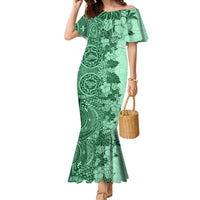 Polynesia Family Matching Mermaid Dress and Hawaiian Shirt Hibiscus and Hawaiian Tribal Tattoo Retro Style Green Color LT9 Mom's Dress Green - Polynesian Pride