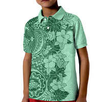 Polynesia Kid Polo Shirt Hibiscus and Hawaiian Tribal Tattoo Retro Style Green Color LT9 Kid Green - Polynesian Pride