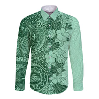 Polynesia Long Sleeve Button Shirt Hibiscus and Hawaiian Tribal Tattoo Retro Style Green Color LT9 Unisex Green - Polynesian Pride