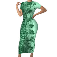 Polynesia Short Sleeve Bodycon Dress Hibiscus and Hawaiian Tribal Tattoo Retro Style Green Color LT9 Long Dress Green - Polynesian Pride