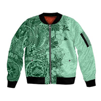 Polynesia Sleeve Zip Bomber Jacket Hibiscus and Hawaiian Tribal Tattoo Retro Style Green Color LT9 Unisex Green - Polynesian Pride