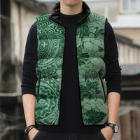 Polynesia Sleeveless Puffer Jacket Hibiscus Hawaiian Tribal Tattoo Retro Green - Polynesian Pride