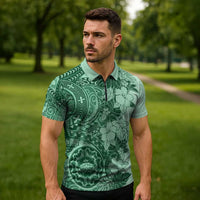 Polynesia Zipper Polo Shirt Hibiscus Hawaiian Tribal Tattoo Retro Green - Polynesian Pride