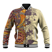 Polynesia Baseball Jacket Hibiscus and Hawaiian Tribal Tattoo Retro Style Tan Color LT9 Unisex Tan - Polynesian Pride
