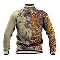 Polynesia Baseball Jacket Hibiscus and Hawaiian Tribal Tattoo Retro Style Tan Color LT9 - Polynesian Pride