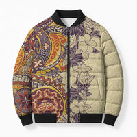 Polynesia Bomber Puffer Jacket Hibiscus Hawaiian Tribal Tattoo Retro Tan - Polynesian Pride