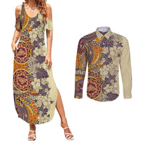 Polynesia Couples Matching Summer Maxi Dress and Long Sleeve Button Shirt Hibiscus and Hawaiian Tribal Tattoo Retro Style Tan Color LT9 Tan - Polynesian Pride