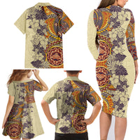 Polynesia Family Matching Long Sleeve Bodycon Dress and Hawaiian Shirt Hibiscus and Hawaiian Tribal Tattoo Retro Style Tan Color LT9 - Polynesian Pride