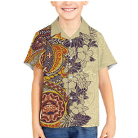 Polynesia Family Matching Mermaid Dress and Hawaiian Shirt Hibiscus and Hawaiian Tribal Tattoo Retro Style Tan Color LT9 Son's Shirt Tan - Polynesian Pride