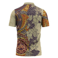 Polynesia Zipper Polo Shirt Hibiscus Hawaiian Tribal Tattoo Retro Tan - Polynesian Pride