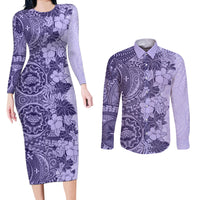 Polynesia Couples Matching Long Sleeve Bodycon Dress and Long Sleeve Button Shirt Hibiscus and Hawaiian Tribal Tattoo Retro Style Violet Color LT9 Violet - Polynesian Pride
