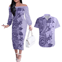 Polynesia Couples Matching Off The Shoulder Long Sleeve Dress and Hawaiian Shirt Hibiscus and Hawaiian Tribal Tattoo Retro Style Violet Color LT9 Violet - Polynesian Pride