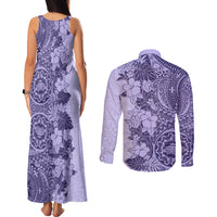 Polynesia Couples Matching Tank Maxi Dress and Long Sleeve Button Shirt Hibiscus and Hawaiian Tribal Tattoo Retro Style Violet Color LT9 - Polynesian Pride