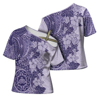 Polynesia Cross Shoulder Shirt Hibiscus Hawaiian Tribal Tattoo Retro Violet - Polynesian Pride