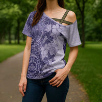 Polynesia Cross Shoulder Shirt Hibiscus Hawaiian Tribal Tattoo Retro Violet - Polynesian Pride