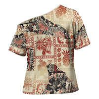 Hawaii Beige Version Cross Shoulder Shirt Aloha Tribal Pattern - Polynesian Pride