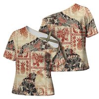 Hawaii Beige Version Cross Shoulder Shirt Aloha Tribal Pattern - Polynesian Pride