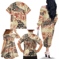 Hawaii Family Matching Off Shoulder Long Sleeve Dress and Hawaiian Shirt Aloha Tribal Pattern Beige Version LT9 - Polynesian Pride