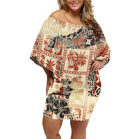 Hawaii Family Matching Off Shoulder Short Dress and Hawaiian Shirt Aloha Tribal Pattern Beige Version LT9 Mom's Dress Beige - Polynesian Pride
