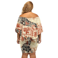 Hawaii Family Matching Off Shoulder Short Dress and Hawaiian Shirt Aloha Tribal Pattern Beige Version LT9 - Polynesian Pride
