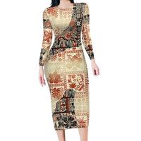 Hawaii Long Sleeve Bodycon Dress Aloha Tribal Pattern Beige Version LT9 Long Dress Beige - Polynesian Pride