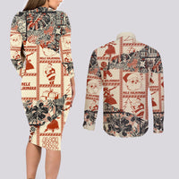 Aloha Hawaii Christmas Couples Matching Long Sleeve Bodycon Dress and Long Sleeve Button Shirt Mele Kalikimaka Tapa Tribal Retro Style LT9 - Polynesian Pride