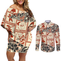 Aloha Hawaii Christmas Couples Matching Off Shoulder Short Dress and Long Sleeve Button Shirt Mele Kalikimaka Tapa Tribal Retro Style LT9 Beige - Polynesian Pride