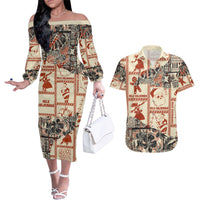 Aloha Hawaii Christmas Couples Matching Off The Shoulder Long Sleeve Dress and Hawaiian Shirt Mele Kalikimaka Tapa Tribal Retro Style LT9 Beige - Polynesian Pride