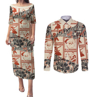 Aloha Hawaii Christmas Couples Matching Puletasi Dress and Long Sleeve Button Shirt Mele Kalikimaka Tapa Tribal Retro Style LT9 Beige - Polynesian Pride