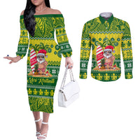 Cook Islands Christmas Couples Matching Off The Shoulder Long Sleeve Dress and Long Sleeve Button Shirt Santa Beach Meri Kiritimiti LT9 Green - Polynesian Pride