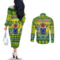 Cook Islands Christmas Couples Matching Off The Shoulder Long Sleeve Dress and Long Sleeve Button Shirt Santa Beach Meri Kiritimiti LT9 - Polynesian Pride