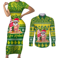Cook Islands Christmas Couples Matching Short Sleeve Bodycon Dress and Long Sleeve Button Shirt Santa Beach Meri Kiritimiti LT9 Green - Polynesian Pride