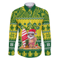 Cook Islands Christmas Family Matching Off Shoulder Short Dress and Hawaiian Shirt Santa Beach Meri Kiritimiti LT9 Dad's Shirt - Long Sleeve Green - Polynesian Pride