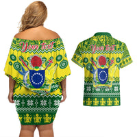 Personalised Cook Islands Christmas Couples Matching Off Shoulder Short Dress and Hawaiian Shirt Santa Beach Meri Kiritimiti LT9 - Polynesian Pride