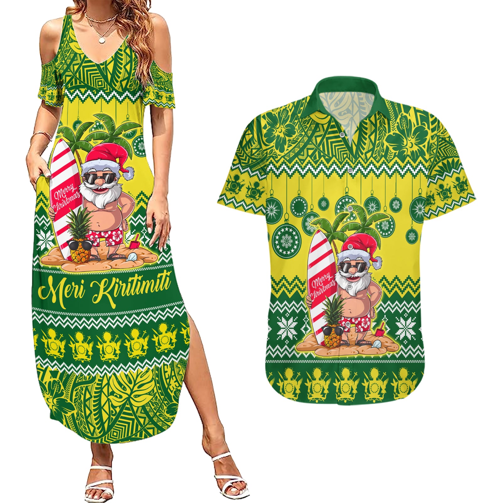Personalised Cook Islands Christmas Couples Matching Summer Maxi Dress and Hawaiian Shirt Santa Beach Meri Kiritimiti LT9 Green - Polynesian Pride