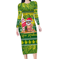 Personalised Cook Islands Christmas Family Matching Long Sleeve Bodycon Dress and Hawaiian Shirt Santa Beach Meri Kiritimiti LT9 Mom's Dress Green - Polynesian Pride