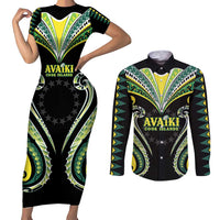 Custom Rugby Cook Islands Avaiki Couples Matching Short Sleeve Bodycon Dress and Long Sleeve Button Shirt Black Kuki Airani Tribal Maori Inspired - Polynesian Pride