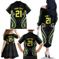 Custom Rugby Cook Islands Avaiki Family Matching Off The Shoulder Long Sleeve Dress and Hawaiian Shirt Black Kuki Airani Tribal Maori Inspired - Polynesian Pride