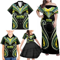 Custom Rugby Cook Islands Avaiki Family Matching Off Shoulder Maxi Dress and Hawaiian Shirt Black Kuki Airani Tribal Maori Inspired - Polynesian Pride