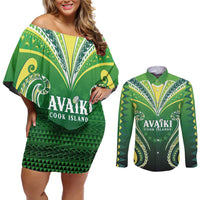 Custom Rugby Cook Islands Avaiki Couples Matching Off Shoulder Short Dress and Long Sleeve Button Shirt Green Kuki Airani Tribal Maori Inspired - Polynesian Pride
