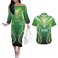 Custom Rugby Cook Islands Avaiki Couples Matching Off The Shoulder Long Sleeve Dress and Hawaiian Shirt Green Kuki Airani Tribal Maori Inspired - Polynesian Pride