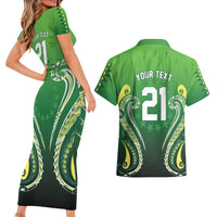 Custom Rugby Cook Islands Avaiki Couples Matching Short Sleeve Bodycon Dress and Hawaiian Shirt Green Kuki Airani Tribal Maori Inspired - Polynesian Pride