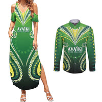 Custom Rugby Cook Islands Avaiki Couples Matching Summer Maxi Dress and Long Sleeve Button Shirt Green Kuki Airani Tribal Maori Inspired - Polynesian Pride