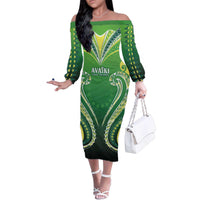 Custom Rugby Cook Islands Avaiki Family Matching Off The Shoulder Long Sleeve Dress and Hawaiian Shirt Green Kuki Airani Tribal Maori Inspired - Polynesian Pride