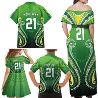 Custom Rugby Cook Islands Avaiki Family Matching Off Shoulder Maxi Dress and Hawaiian Shirt Green Kuki Airani Tribal Maori Inspired - Polynesian Pride