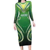 Custom Rugby Cook Islands Avaiki Long Sleeve Bodycon Dress Green Kuki Airani Tribal Maori Inspired - Polynesian Pride