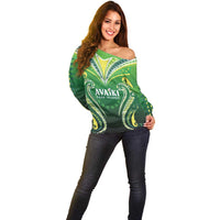 Custom Rugby Cook Islands Avaiki Off Shoulder Sweater Green Kuki Airani Tribal Maori Inspired - Polynesian Pride